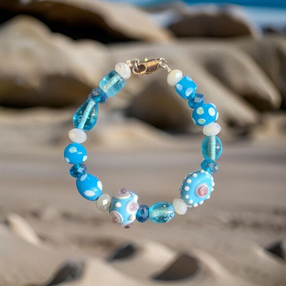 Blue Lampwork beaded bracelet  7 inch - Picture 1 of 3
